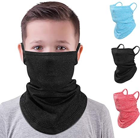 MoKo Kids Neck Gaiter Face Mask, 3 Pack Scarf Bandana Mask with Ear Loops for Kids Balaclava UV Sun Protection Dust Wind Proof Children Outdoors Cycle Skating Bandanas Headband for Girls Boys