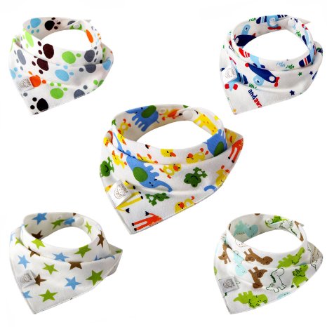 Leewin Baby Cute Cartoon Printed Soft Bandana Drool Bibs with Snaps for Boys & Girls 5-Pack Unisex Baby Gifts
