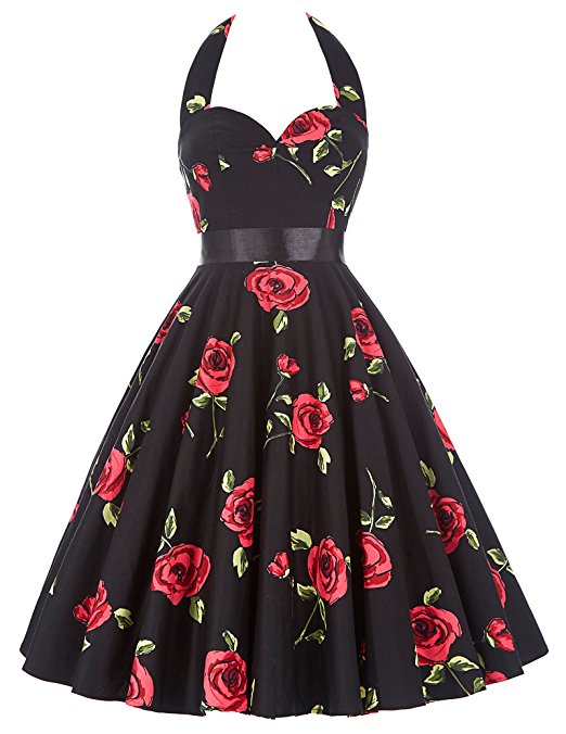 GRACE KARIN Women Vintage 1950s Halter Cocktail Party Swing Dress With Sash