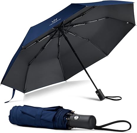 Vicloon Mini Umbrella, Pocket Umbrella with Golden Handle, 210T Black Rubber Cloth & 6 Aluminum Alloy Ribs, Foldable Compact Travel Umbrella, UPF&gt;50  UV Resistance, Rain and Sun Umbrella