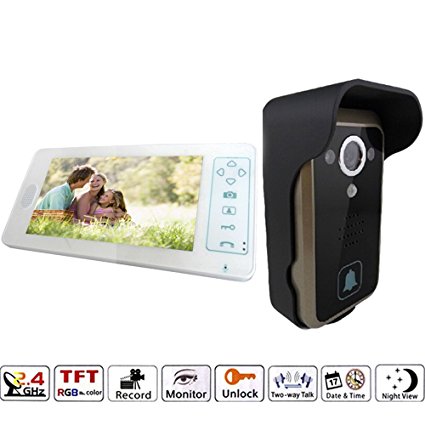 J-DEAL® 7 Inch Colorful LCD Screen Video Doorbell Video Door Phone Home Security Camera Monitor Intercom System Crystal Clear Picture Perfect Sound Quality Ultra-slim Design Nice and Luxurious Indoor Monitor 100 Degrees Wide Visual Angle Clear Night Vision and IP55 Waterproof Outdoor Camera - with Rain Cover (White)