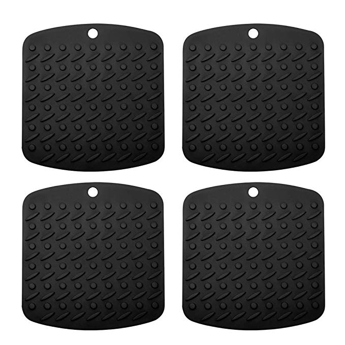 Aibrisk Premium Silicone Pot Holder Silicone Trivets for Hot Dishes, Spoon Rest Garlic Peeler Non Slip, Heat Resistant Hot Pads Potholders and Oven Mitts. Multipurpose Kitchen Tool 4 Pack, Black