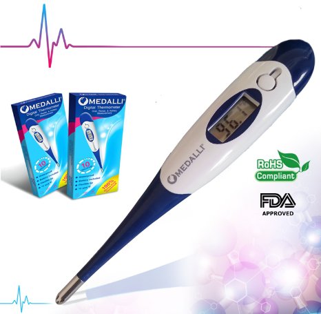 NEW by Medalli - Digital thermometer for Oral Underarm axillary and Rectal body temperature and fever measurement on babies children and adults 100 Clinical medical electronic devices Quick read Gentle Flexible tip Waterproof