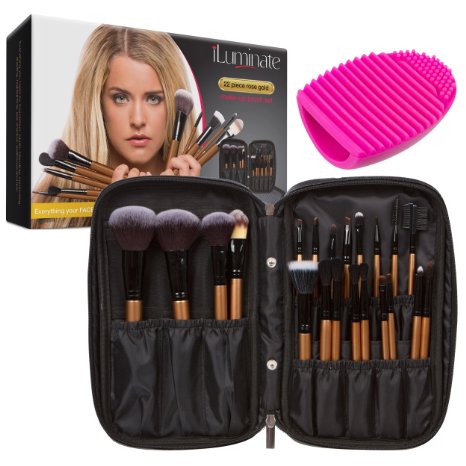 iLuminate Essentials Premium Makeup Brush Set 21 Professional Make Up Brushes in Organizer Case and Travel Kit Rose Gold