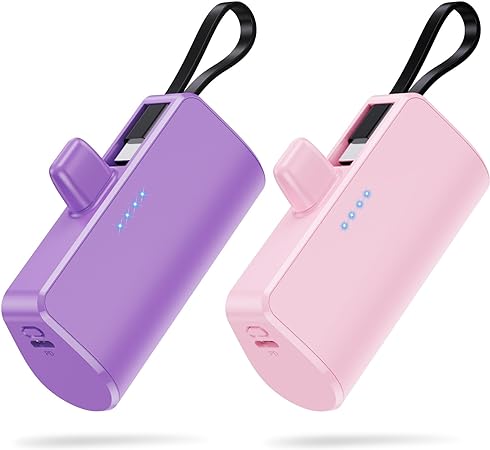 [2 Pack] Small Portable Charger 5200 mAh for iPhone,PD 3.0A Power Bank with Built-in Cable,USB C Mini Battery Pack Compatible with iPhone 15/15 plus/15 Pro/15 Pro Max/14/13/12/11 Android, Pink Purple