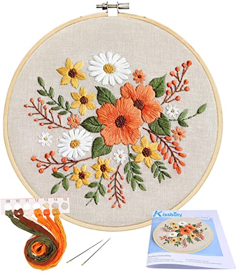 Full Range of Embroidery Starter Kit with Pattern, Kissbuty Stamped Embroidery Kit Including Embroidery Cloth with Pattern, Bamboo Embroidery Hoop, Color Threads Needles Kit (Flaxen Flower Plants)