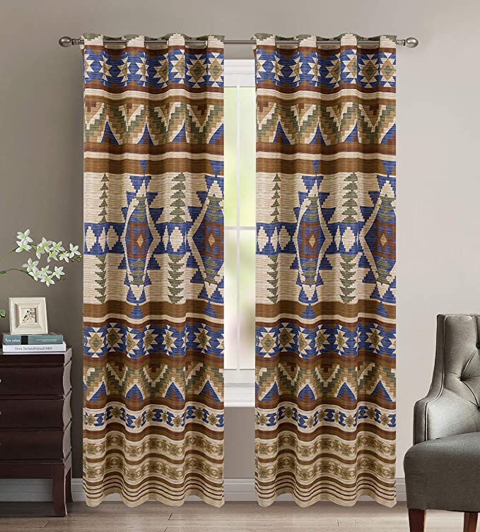 Austin Rustic Western Southwest Native American Thermal Insulation Window Treatment Grommet Curtain Set in Beige Taupe Brown Blue and Green Colors - Austin Curtains (Taupe, Thermal)