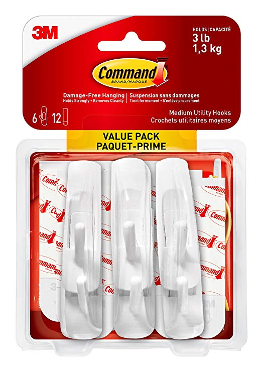 Command 17001C-VP Utility Hooks Value Pack, Medium, White, 6 Hooks 12 Medium Strips