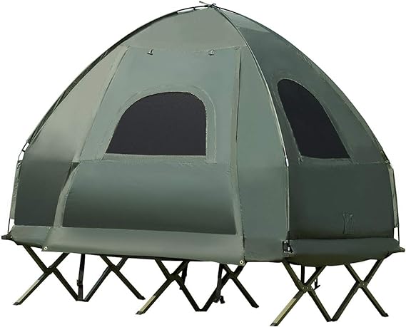 Double Tent Bed, Portable Camping Tent with Air Mattress and Pillow, Folding Camping Cot of Metal Frame, Double Sleep Bag with Polyester Canopy, for Outdoor Family Camping Picnic - Military Green