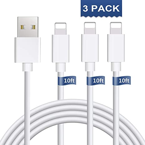 iPhone Charger 3Pack 10FT Lightning Cable [MFi Certified] S-03WH iPhone Charging Cable Cord Compatible iPhone 12/11/11 Pro/11 Pro Xs MAX XR X 8 8 Plus 7 7 Plus 6 6s 6 Plus SE 5 iPad, iPod and More