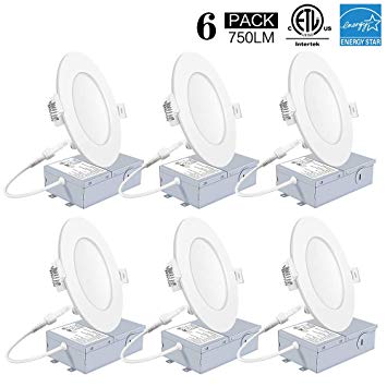GCNLIGHT 9W 4Inch LED Dimmable Recessed Potlight ETL Energy Star Listed 750LM IC Rated Slim Panel Lighting,Cool White 5000K / Day Light 4000K / Warm White 3000K,LED Ceiling Light with Junction Box (6 Pack) (Warm White 3000K)