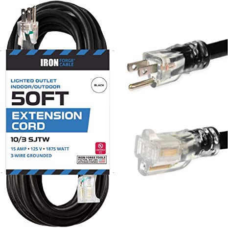 Iron Forge Cable 50 Foot Outdoor Extension Cord - 10/3 SJTW Black 10 Gauge Extension Cable with 3 Prong Grounded Plug for Safety, 15 AMP - Great for Garden and Major Appliances