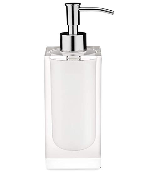 Essentra Home White and Transparent Soap Dispenser from The Cristallino Collection. Features Chrome Metal Pump. Holds 12oz.