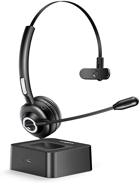 Trucker Bluetooth Headset with Microphone, Vogek Noise Cancelling Mic Wireless Headphones with Charging Base, Clear Hands-Free Comfort-fit Headset for Home Office Online Class PC Call Center Skype