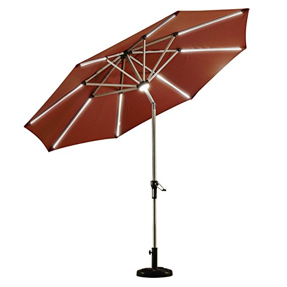 PURPLE LEAF 9 Feet Solar Powered LED Lighted Patio Umbrella with Push Button Tilt and Crank Outdoor Market Umbrella Garden Umbrella, Dark Red