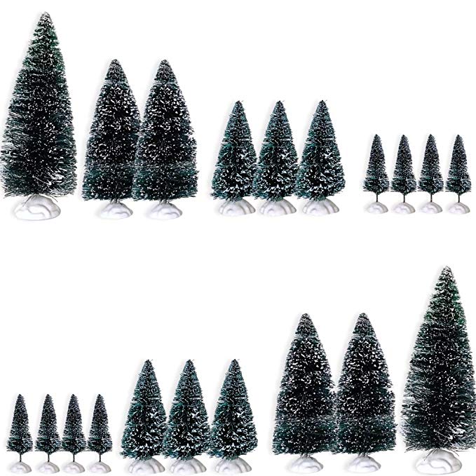 BANBERRY DESIGNS Mini Bottle Brush Tree Set - Pack of 20 Little Green Christmas Trees - Diorama Xmas Village