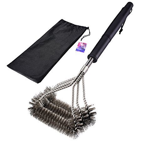 Homasy BBQ Grill Brush Best Barbecue Grill Brush Cleaner Tools - 18 Inch Long, 3 Stainless Steel Bristiles in 1 - Perfect for Infrared Grills, Char-Broil, Weber, Porcelain (Free Handy Bag, Effective)