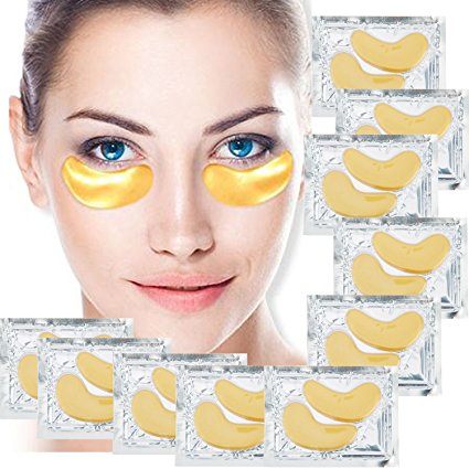 Anti Aging Treatments Set / Kit of 10 Pairs Eyes 24 K Gold / Golden Collagen Gel Crystal Masks / Patches / Pads for Wrinkles / Crows Feet, Dark Circles and Puffiness / Puffy Eye Bags Removal and Moisturizing