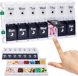 Shintop Weekly Pill Organizer 2 Times a Day, Easy Fill Am Pm Pill Box 7 Day Push Button Pill Container Medicine Organizer for Vitamins Supplements (Black&White)