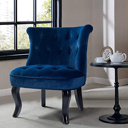 Navy Blue Upholstered Chair | Jane Tufted Velvet Armless Accent Chair with Black Birch Wood Legs - Sapphire Blue