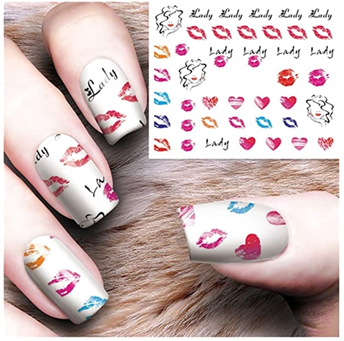 Color Nails Stickers 3D Water Transfer Nail Stickers for Women and Girls 7sheets/Pack Lady Kiss Lip Love Nail Art Decoration Patch Cute Nail Strips