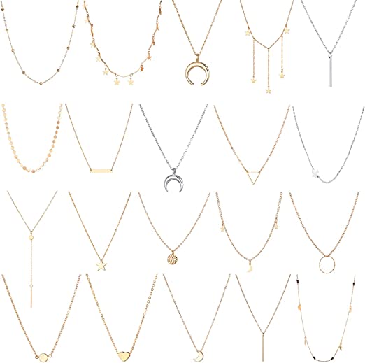 20 PCS Multiple DIY Layered Choker Necklace for Women with Sexy Coin Moon Star Multilayer Choker Chain Y Necklaces Set Adjustable Gold Silver Bar Pendant Y Necklace for Teens Girls Women