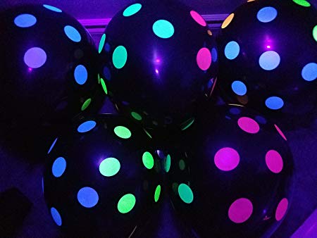 Blacklight Party Balloons - Black with Neon Polka Dots that Glow in the Dark under Blacklight - 25 Pack of 11 inch Latex Balloons