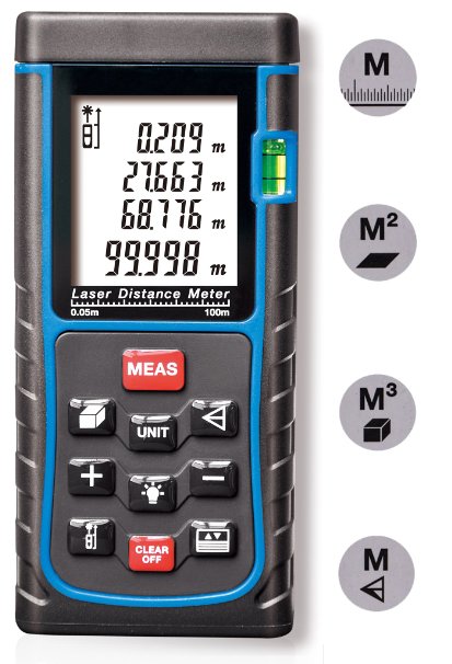 Arama Handheld Digital Laser Distance Meter Measuring Tester Range Finder with Large Backlit LCD 4 Line Display, Bubble Level, Self Calibration Rangefinder (LDM-E100 100m 328ft)