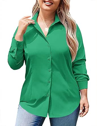 IN'VOLAND Women's Plus Size Button Down Shirts Long Sleeve Collared Casual Shirt Office Work Blouse Tops