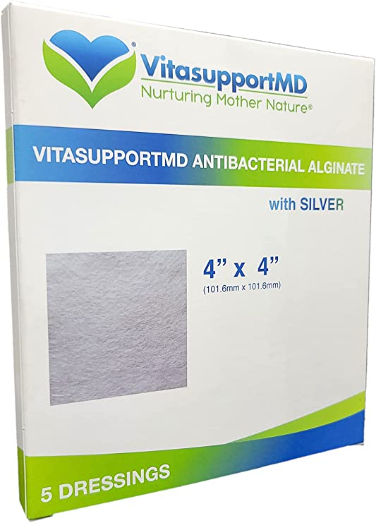 VITASUPPORTMD 4” x 4” Silver Alginate Wound Dressing (Antibacterial Alginate w/Silver), Sterile - 5 Dressings Per Box