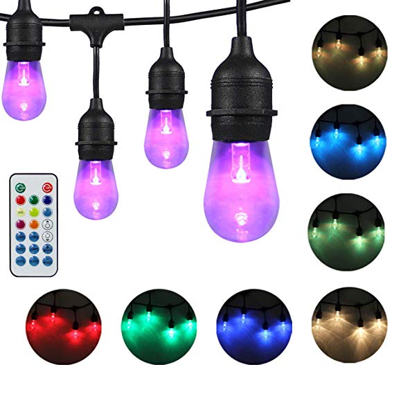 Dakason LED Color Changing String Light for Outdoor Patio, Vintage Warm White and RGB Light Strand with Remote Control 48FT and 24 Acrylic Shatter Resistant Light Bulbs Weatherproof Commercial Grade