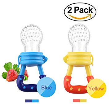 Baby Fresh Food/ Fruit Silicone Feeder Nibbler Teether Toy with Handgrip for Boys and Girls 2 PCS (6-12 months, blue,yellow)
