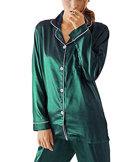 SWOMOG Womens Silk Satin Pajamas Long Sleeve Loungewear Two-Piece Sleepwear Button-Down PJ Set