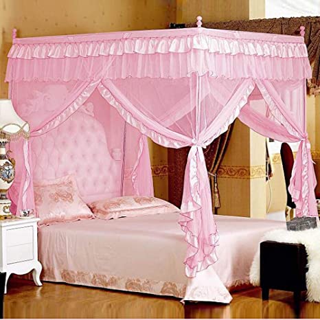Mengersi Pink 4 Corners Post Canopy Bed Curtains for Girls Adults Bed Canopies Drapes Mosquito Net Queen Size