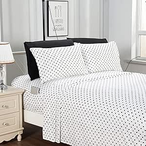 Elegant Comfort Delilah Polkadot 6-Piece Set, Fade & Wrinkle Resistant, 1500 Premium Hotel Quality Microfiber Deep Pocket Fitted Sheet Featuring Smart Pockets, Polkadot Sheet Set, Full, White