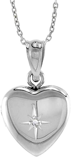 Very Tiny 1/2 inch Sterling Silver Diamond Heart Locket Necklace for Girls 16-20 inch