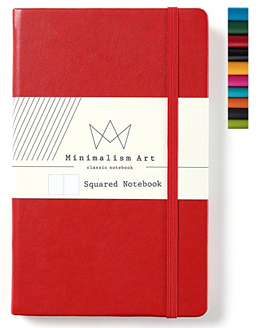 Minimalism Art | Classic Notebook Journal, Size: 5" X 8.3", A5, Red, Squared Grid Page, 192 Pages, Hard Cover/Fine PU Leather, Inner Pocket, Quality Paper - 100gsm | Designed in San Francisco