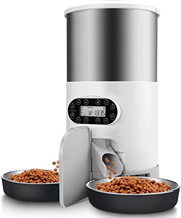 HUICOCY Automatic Cat Feeders, 304 Stainless Steel Timed Cat Food Dispenser for 2 Cats & Small Dog, 4.5L Pet Feeder with 2-Way Splitter, 1-4 Meals Portion Control,10s Voice Recorder, Dual Power Supply