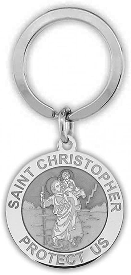 PicturesOnGold.com Stainless Steel Saint Christopher Religious Engravable Keychain 1 Inch X 1 Inch Round - Stainless Steel