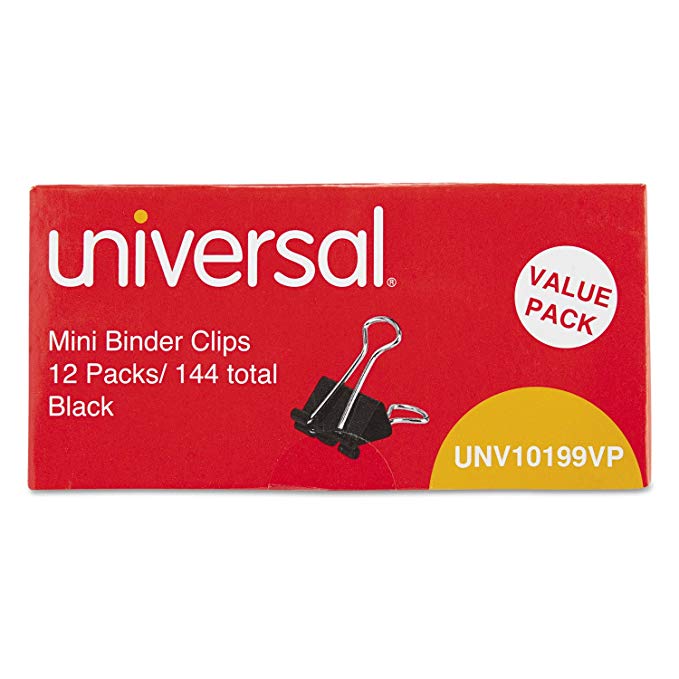 Universal 10199VP Mini Binder Clips, Zip-Seal Bag, 1/4-Inch Capacity, 5/8-Inch Wide, Black, 144/Bag