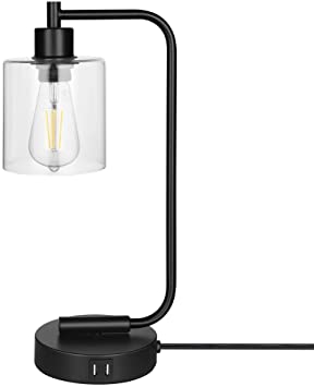 DEWENWILS 3-Way Dimmable Industrial Table Lamp, Touch Control Desk Lamp with 2-USB Ports, E26 Bulb Included, Clear Glass Lampshade for Bedside Nightstand, Living Room, Office