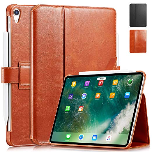 KAVAJ iPad Pro 11" Case Leather Cover London Cognac-Brown for Apple iPad Pro 11" 2018 Genuine Cowhide Leather with Pencil Holder Supports Apple Pencil 2 Magnetic Charging Slim Fit Smart Folio