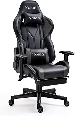Gaming Chair with Footrest -Yoleo High Back Computer Gaming Chair Ergonomic Office Chair with Mute Casters Adjustable Armrest Desk Chair Recliner Chair with Lumbar Support BIFMA Certified Black/Grey