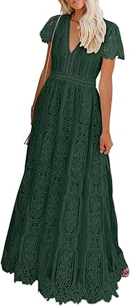 MEROKEETY Women's V Neck Short Sleeve Floral Lace Wedding Dress Bridesmaid Cocktail Party Maxi Dress