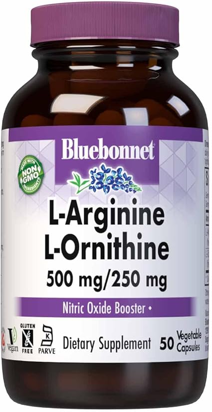 Bluebonnet Nutrition L-Arginine 500mg/L-Orinithine 250mg, Supports Protein Metabolism*, Soy-Free, Gluten-Free, Non-GMO, Kosher Certified, Vegan, 50 Vegetable Capsules, 50 Servings