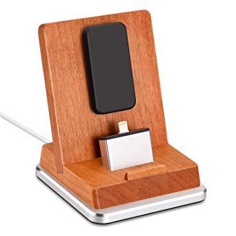 Rerii Cherry Wood Charge Stand with Aluminum Base, iPhone Charging Dock, iPhone Charger Stand for All iPhone 8/7/6/5 Plus, iPhone X/Xs/XR/XS Max, iPad Mini, Support Charging with Case