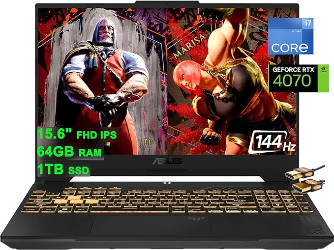 ASUS TUF F15 Gaming Laptop 15.6" FHD 144Hz 12th Generation Intel 14-Core i7-12700H (Beat i9-11950H) 64GB RAM 1TB SSD GeForce RTX 4070 8GB Graphic Backlit Thunderbolt 4 USB-C Win11 Grey   HDMI Cable