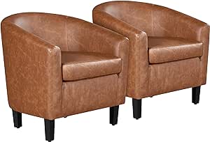 Yaheetech Brown Accent Chairs Set of 2, Faux Leather Barrel Chairs Comfy Club Chairs, Modern Leather Armchairs with Soft Seat for Living Room Bedroom Reading Room Waiting Room, Brown