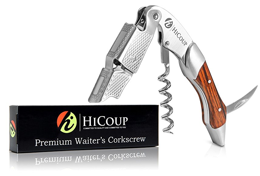 Waiters Corkscrew by HiCoup - Professional Stainless Steel with Sandalwood Inlay All-in-one Corkscrew, Bottle Opener and Foil Cutter, the Favoured Wine Opener of Sommeliers, Waiters and Bartenders