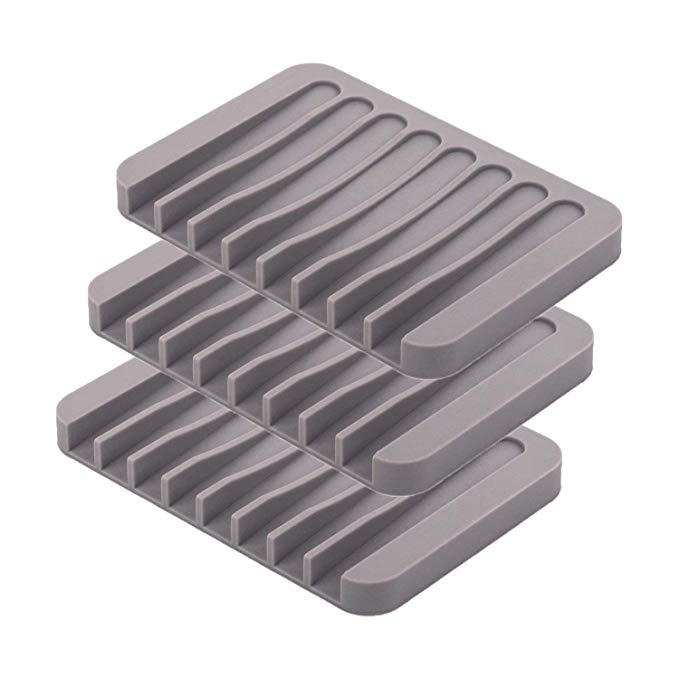 ComSaf 3 Pack Silicone Shower Soap Holder Set Soap Dish Tray Soap Dish with Self-Draining Tray for Bathroom/Kitchen/Counter Sink (Grey)